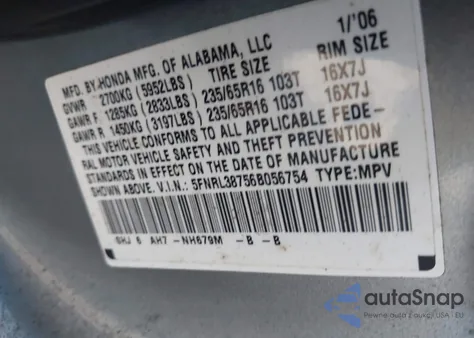 2006 Honda Odyssey Ex-L z USA, uszkodzony, nr VIN 5FNRL38756B056754